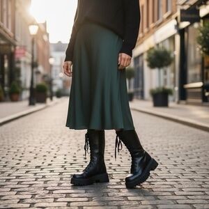 ZARA Black Vegan Leather Lace-Up Chunky Platform Combat Boots Size 8 EU 39